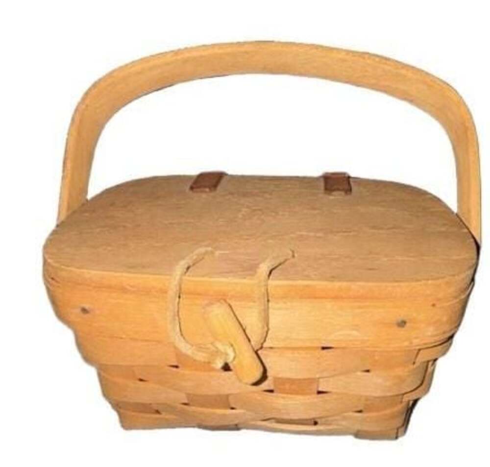 Longaberger Sm Picnic Basket Handwoven Purse Leather Strap Hinged 1995 7.5x5x4"